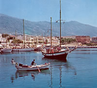 Karystos harbor with caique motor sailor