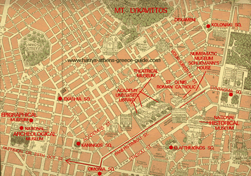 Walking Tour map #3: Walk to the Greek National 
    Archeolgical Museum via the Athens monuments of Panepistimiou (officially E. Venizelos St.), Stadiou & Academias Streets. Numismatic museum, National Historical Museum, Academy, University, National library